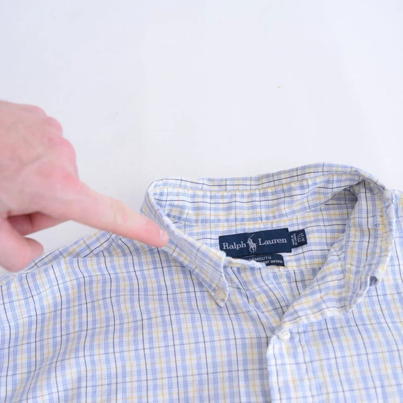90S Ralph Lauren Yarmouth 100% Cotton Pinpoint Oxford Blue  & Yellow Plaid Shirt - Picture 12 of 12